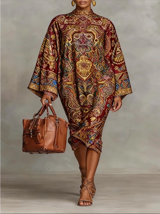 Dresses & Skirts - Elegant Burgundy Paisley Midi Dress - Women